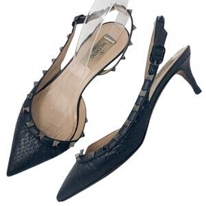 Valentino Rockstud Black Snakeskin Slingback Pointed Toe Kitten Heels EU 36